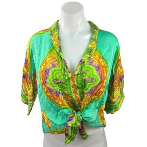 Zara Multicolor Printed V Neck Lapel Collar Short Sleeve Front Tie Blouse Top S